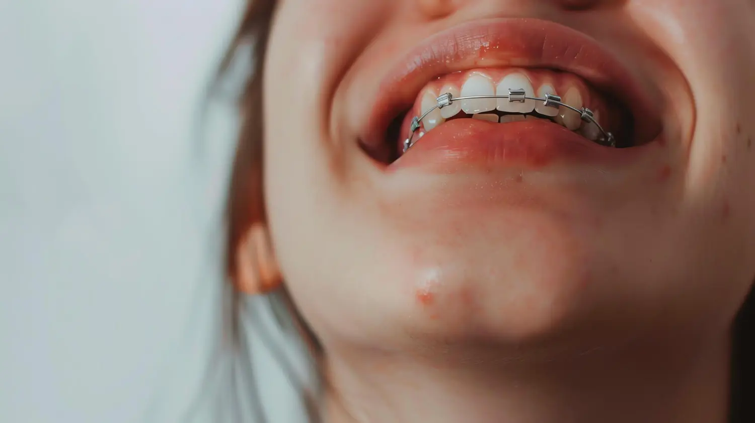Close-up of a woman’s overbite being corrected through orthodontic care